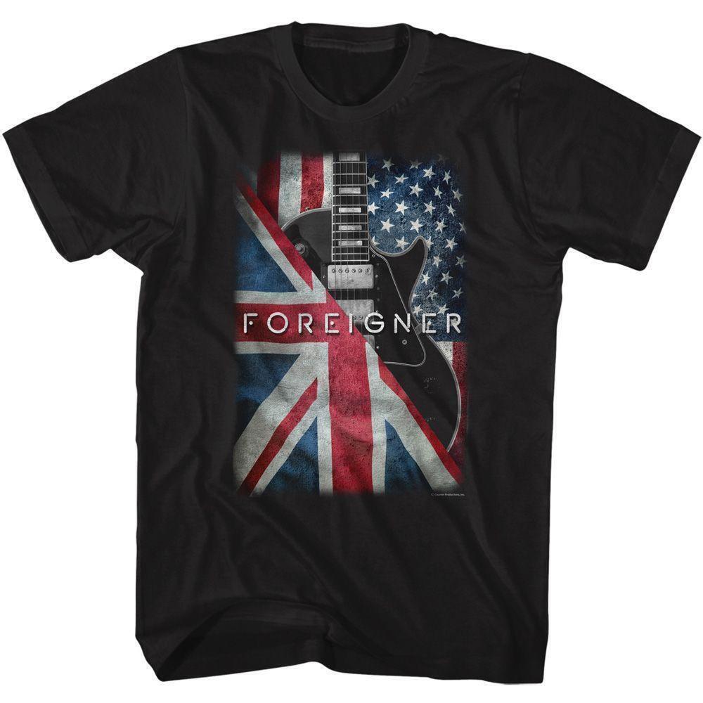 Foreigner Flags And Guitar Black Adult T Shirt